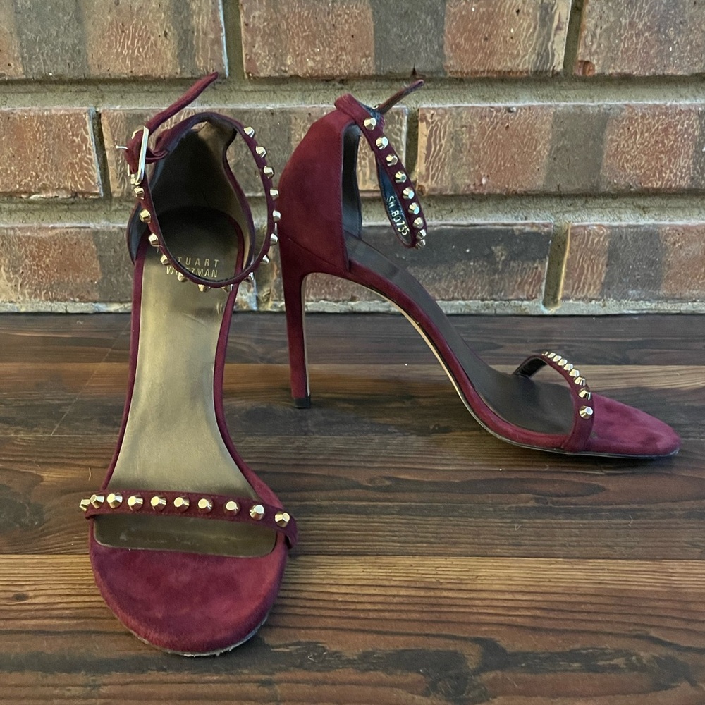 Stuart Weitzman maroon suede gold studded heels